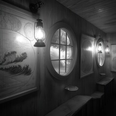 Dimly lit interior with round windows and lantern light