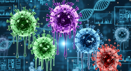 Colorful virus models dripping, DNA strand, digital medical data backdrop.