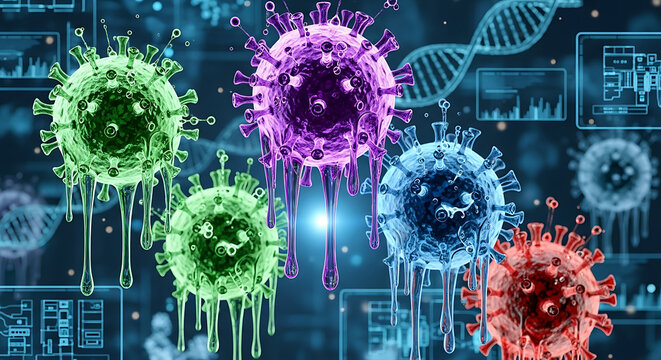 Colorful virus models dripping, DNA strand, digital medical data backdrop.