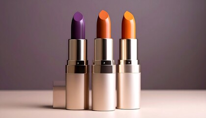 Orange, purple, and brown lipstick trio vertical product shot showcasing vibrant makeup colours and stylish cosmetic design.

