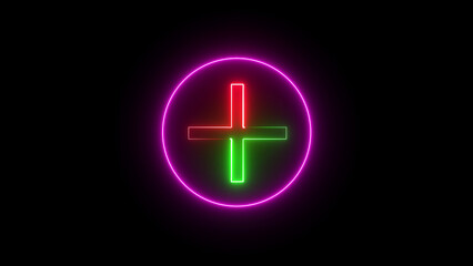 Obraz premium A neon plus icon features a glowing, bright cross symbol with vibrant colors on a dark background, representing addition, positivity, or creating new items in modern digital designs. 