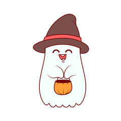 A cute cartoon ghost with a witch hat holding a candy basket, perfect for Halloween designs and seasonal greeting cards.