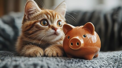 Watchful tabby cat guarding a toy piggy bank
