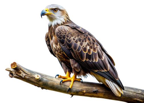 Close-up isolated image of Eagle perched on a branch on a png file at transparent background.