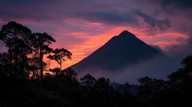 Silhouetted volcano at dawn with pink-orange sky glowing behind it