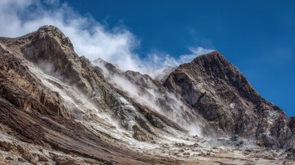 Steam vents and fumaroles on the slope of a smoldering volcano