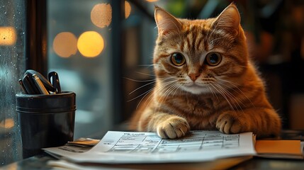 Curious cat diligently filing insurance claims