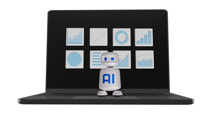 The illustration shows a business icon showing the growth of a business using AI robots with a laptop in the background.