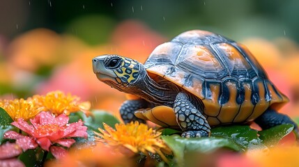 Obraz premium Vibrant turtle nestled among colorful flowers in a lush natural setting
