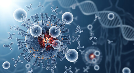 Microscopic view of a virus attacking cells, DNA strands visible.