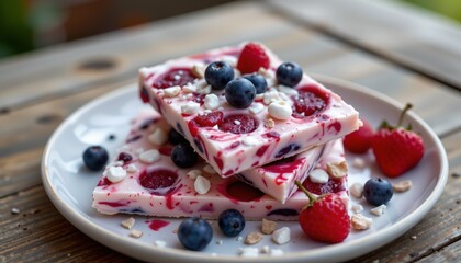 frozen berry yogurt bark on plate, summer, no people, no text, no logo