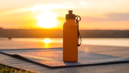 Orange water bottle on gym mat at sunset with warm light for fitness motivation and outdoor workout concept.

