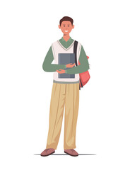  A school child wearing a green shirt under a white vest and beige pleated pants, holding a gray laptop. Character isolated on white background. Vector Not AI generated