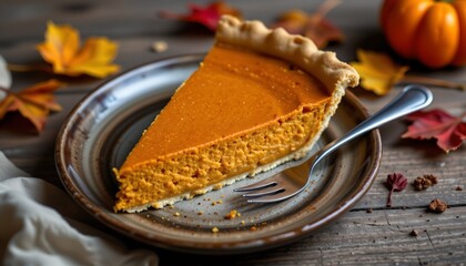 pumpkin pie slice on rustic plate, fall, no people, no text, no logo