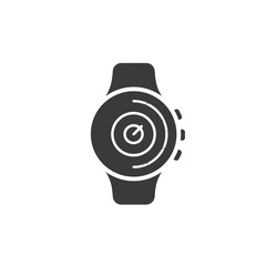 A modern smartwatch with a circular display showing a stylized concentric circle graphic, representing time or a digital interface.