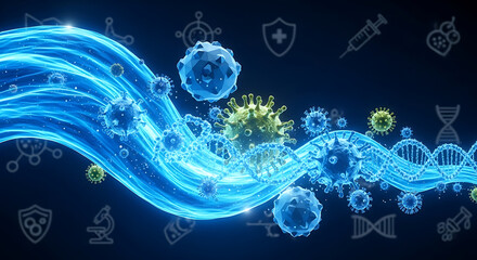 Abstract representation of viruses and DNA structures within a glowing blue energy flow, surrounded by medical and scientific icons.