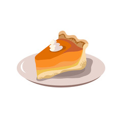 Vector illustration of a slice of pumpkin pie on a plate, topped with a swirl of whipped cream. A classic autumn and Thanksgiving dessert, perfect for food and seasonal designs.