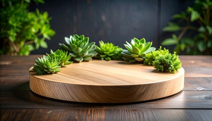 Oval wooden plant stand with green succulents placed on dark wood table showcasing natural home decor and indoor gardening.

