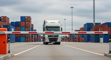 A lowered red and white barrier arm blocks a port entrance with a semi truck and containers.
