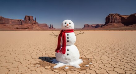 Melting snowman with red scarf in a dry cracked desert landscape