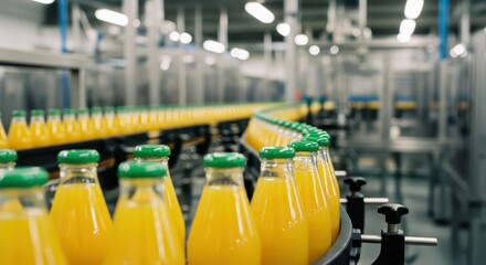 Vibrant orange juice bottles moving on automated conveyor belt in beverage factory