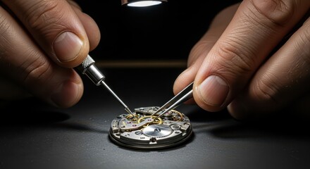 Master watchmaker hands assembling intricate mechanical watch movement with tools