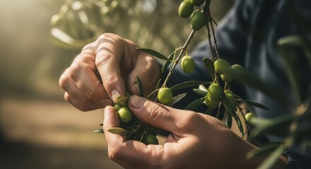 Close up of hands gently picking fresh green olives from a branch in an olive grove