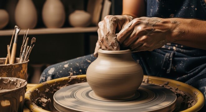 Skilled potter hands shaping wet clay on a spinning wheel to create a ceramic vase