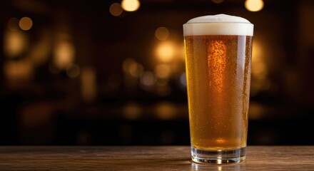 A glass of light amber beer on a wooden bar