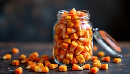 candy corn in glass jar, halloween, no people, no text, no logo