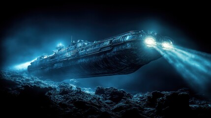 Submerged, dark, futuristic ship