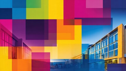 Vibrant geometric patterns overlaying a modern building in a lively urban environment at sunset