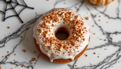 pumpkin spice donut on marble, halloween, no people, no text, no logo