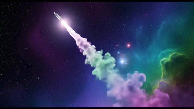 Futuristic rocket launching into deep space with colorful nebula and stars - Powered by Adobe