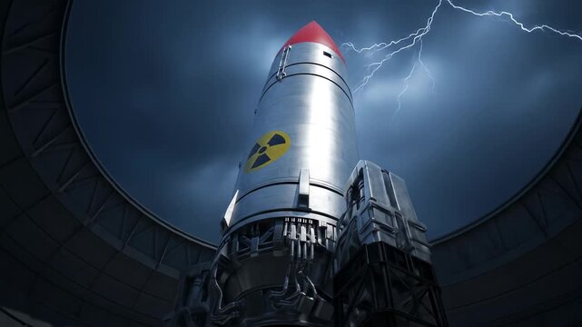 Massive intercontinental ballistic missile with nuclear symbol in a dark, stormy launch silo