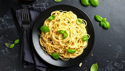 Overhead shot of spaghetti aglio e olio served on black plate with garlic, chili, and olive oil for classic Italian pasta dish presentation.


