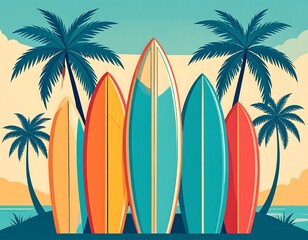 Colorful surfboards lined up by palm trees