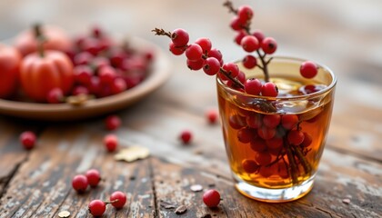 cranberry sprigs in amber glass, thanksgiving, no people, no text, no logo