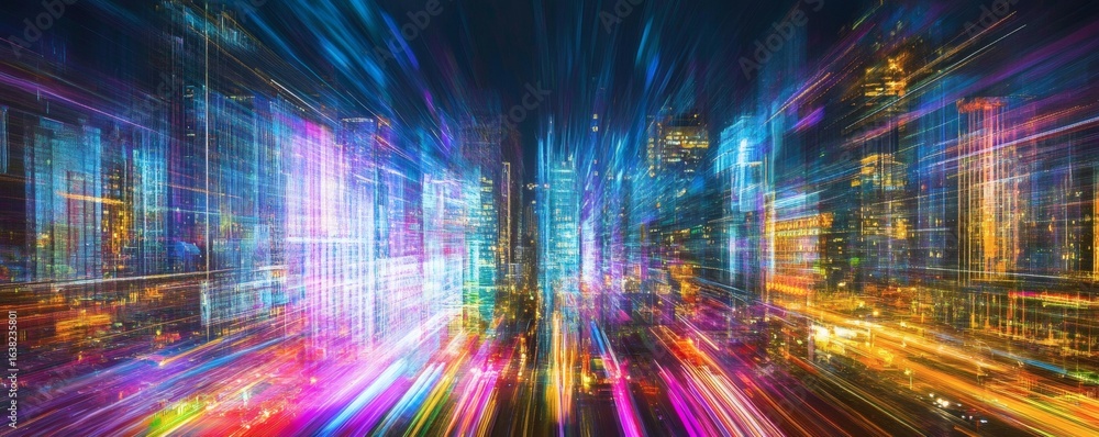 Poster abstract image depicting a colorful cityscape with a motion blur effect