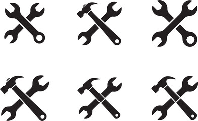 Obraz premium Hammer and Wrench Icon Set, Construction And Repair Tool Silhouettes, Handyman Tools Vector Silhouettes - Hammer, Wrench & Spanner Icons.
