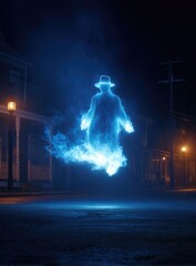 Fototapeta premium Ethereal blue spectral figure, hatted and coat-clad, floats above a dimly lit nighttime street, emanating a smoky luminescence