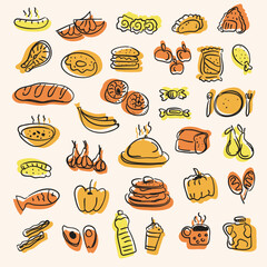 Hand drawn food doodles illustration set. Sketch style delivery cafe and restaurant icons. Set vector illustration doodles of food, drink, dessert, beverage for invitations, menus and parties.