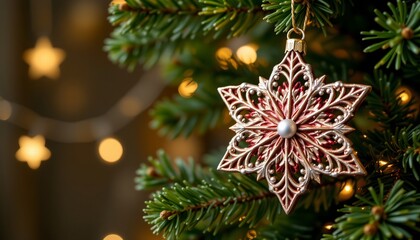 ornate star ornament on pine branch, christmas, no people, no text, no logo