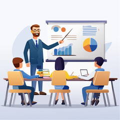 Professional business manager presenting data analysis with charts on a screen during a corporate training seminar with a team