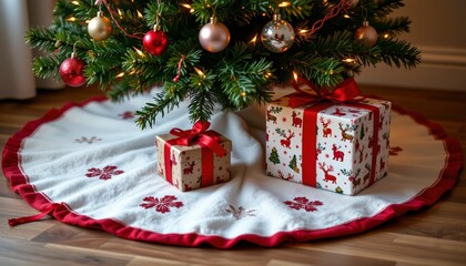 christmas tree skirt and wrapped gift, no people, no text, no logo