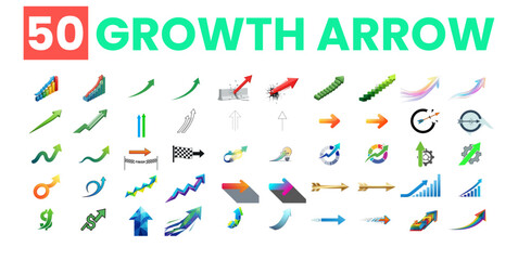 Collection of 50 growth arrows isolated on white background representing progress and success in business and finance