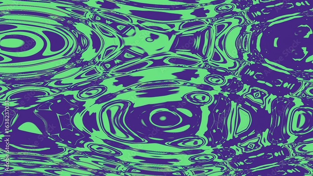 Poster a vibrant abstract pattern featuring swirling organic shapes in contrasting green and purple hues, c