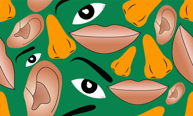 Seamless vector pattern of human face parts including eyes, ears, noses, lips, and eyebrows. Perfect for wallpaper,cover,backdrop,background,anatomy, beauty, cosmetic, medical, and design projects.