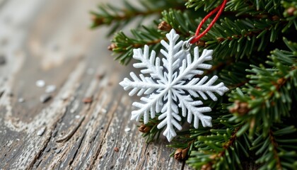 snowflake ornament and pine needles, christmas, no people, no text, no logo