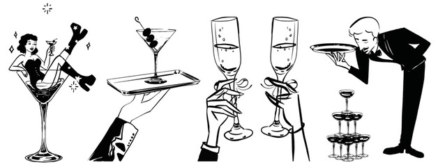 hand drawn vector illustration party, event ,butler, Waiter, Restaurant, champagne Drink Celebrate Invitation card Vintage line art